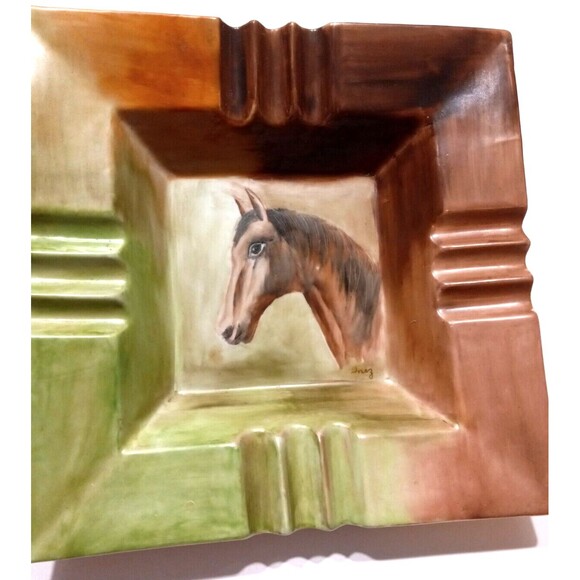 MCM Western Horse Hand Painted Ashtray 8.5 x 8.5 Square Ranch Yellowstone Vibes - Picture 4 of 9